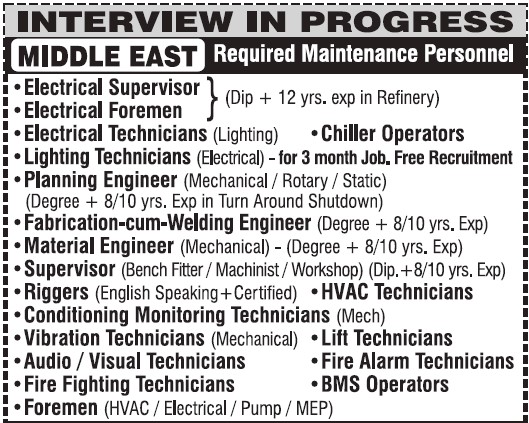 Urgent jobs in Middle East - Maintenance Project