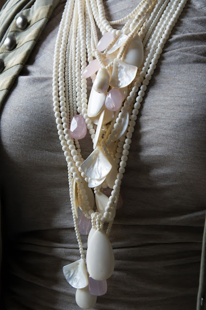 The bone and mother of pearl necklace with Rose Quartz and very large pearl