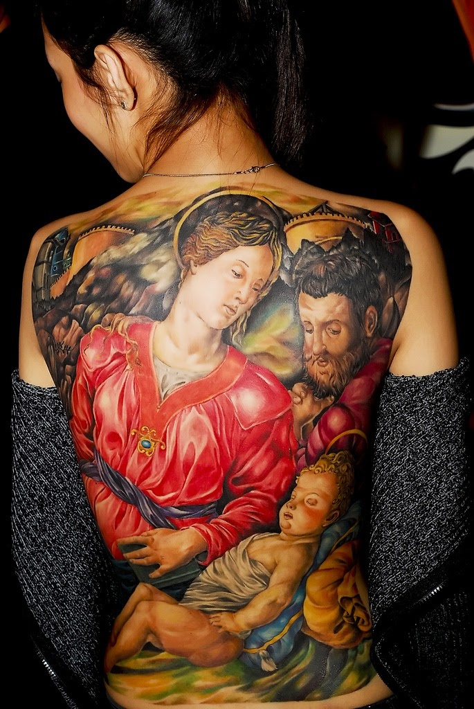 Family of Jesus Tattoos, Jesus full family tattoos, Jesus relations Tattoos designs, Jesus Relatives Tattoos on Back.