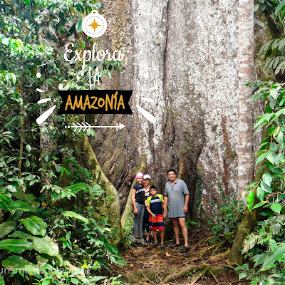 Familia posando en la base del gigantesco árbol de ceibo en Misahuallí, rodeados de naturaleza impresionante.