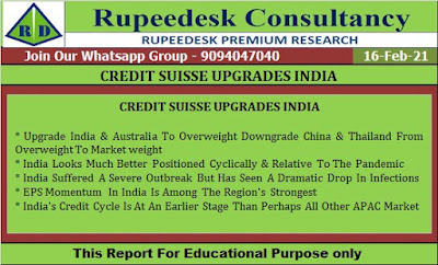 CREDIT SUISSE UPGRADES INDIA - Rupeedesk Reports - 16.02.2021