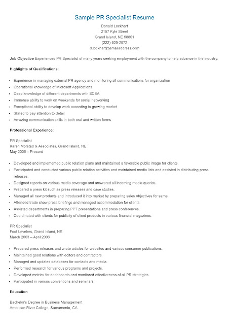 Sample PR Specialist Resume