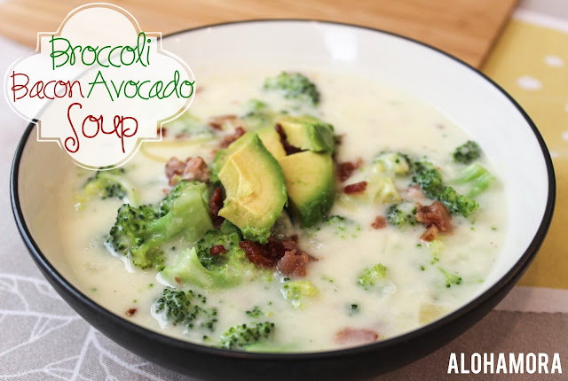 Broccoli Bacon Avocado Soup- a deliciously adaptation to the classic broccoli cheese soup.  Amazing flavor, and a quick and easy meal you can enjoy on a busy weeknight.  Alohamora Open a Book http://www.alohamoraopenabook.blogspot.com/ easy fast amazing easily gluten free with gf flour