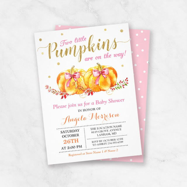  Twin Girl Baby Shower Cute Pink Little Pumpkin Invitation