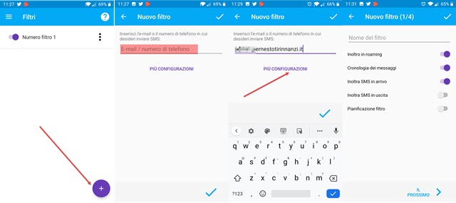 configurazione applicazione inoltro sms telefono o email