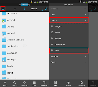 es file explorer fast access menu