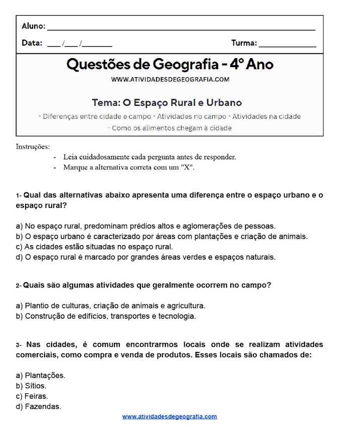 Questões de Geografia 4º ano: Espaço Urbano e Espaço Rural.