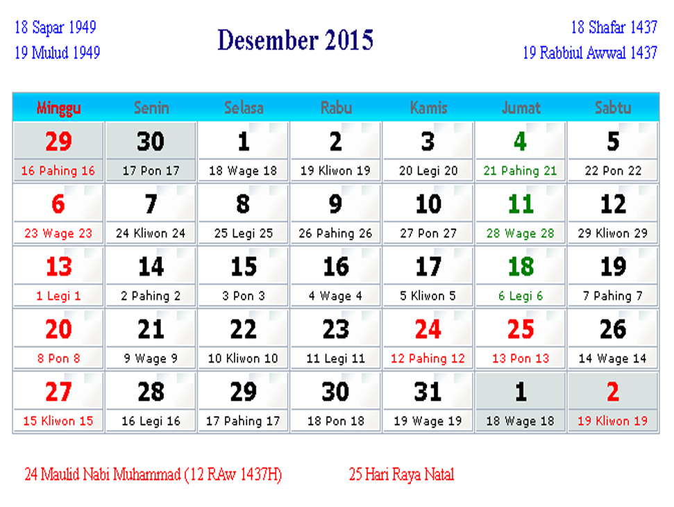 Kalender 2015 12Bulan + Hari Libur Nasional + Cuti Bersama 