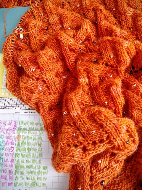 Knitting a beaded estonian lace shawl. https://www.ravelry.com/projects/jeanniegrayknits/madlis-shawl