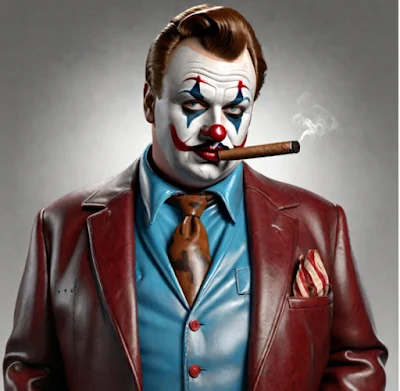 John Wayne gacy wearing red leather blazer and looking all smug with a cigar in his mouth and his clown makeup smeared