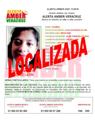 Desctivan Alerta Amber para Yaritzi Maylín Gómez León en Xalapa