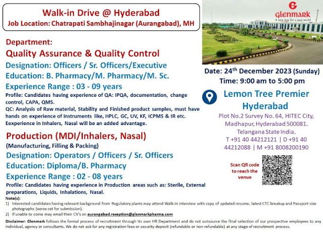 Glenmark Pharma Walk In Interview For QC/ QA/ Production Department