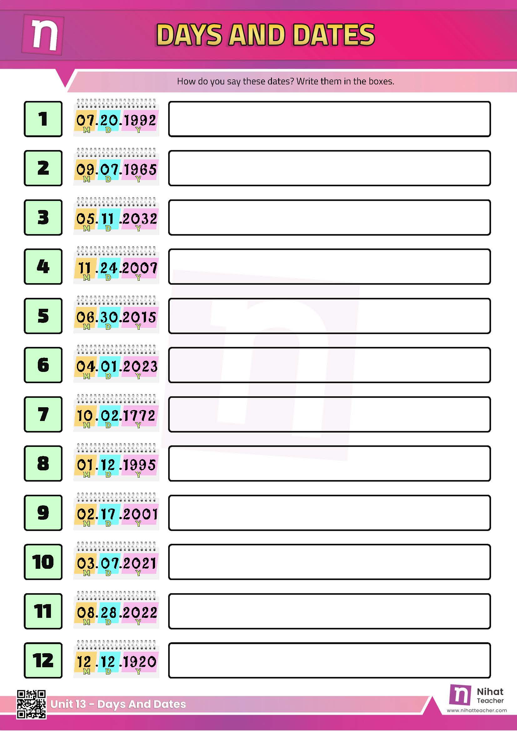 How to read dates in English?   Practise English Vocabulary. A worksheet test about days, months, seasons and dates in English.   #download#Click here to download a printable PDF worksheet about days, months, seasons and dates in English.   Search this site to find more about days, months, seasons and dates in English.