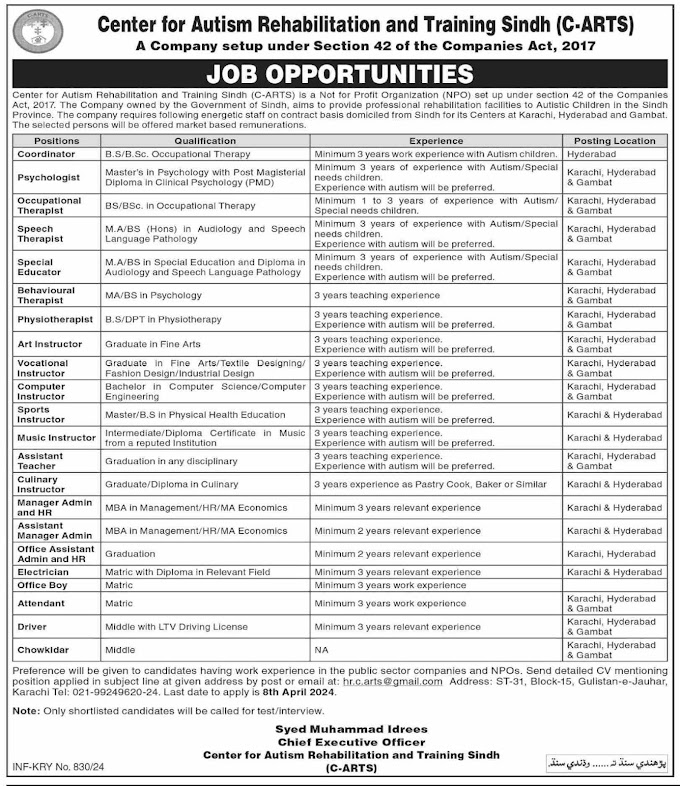 Center for Autism Rehabilitation and Training Sindh Jobs 2024