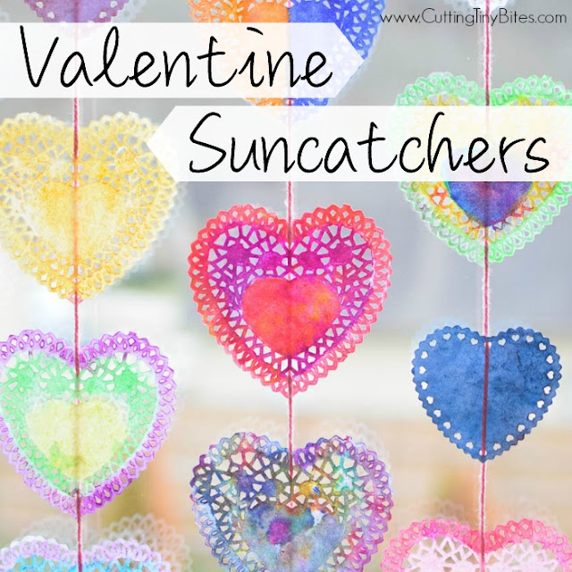 Valentine Suncatchers- Beautiful watercolor heart process art painting project for preschool, kindergarten, or elementary kids. Brighten up a dreary winter day with this pretty, colorful craft!