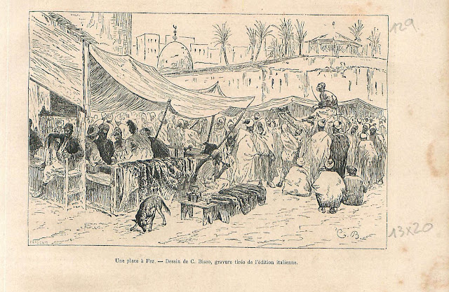 تجار أقمشة في ساحة سوق بمدينة فاس في المغرب  نقش 1880