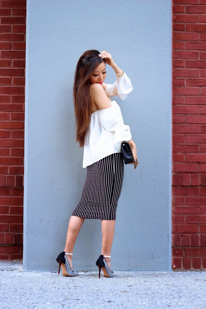 renamed,offshoulder,top,pencilskirt,stripe,trend,armparty,ringpack,Chanel,classy,datenight,anarchystreet,hair,asiangirl,nyc,streetstyle,grey