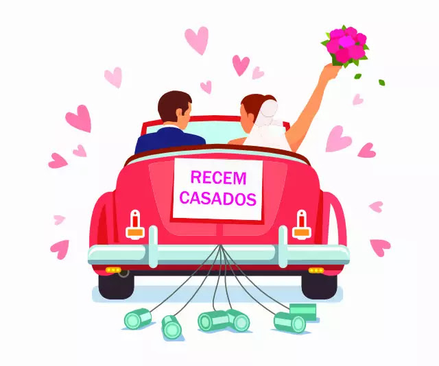 Casal recem casados saindo do casamento em um carro