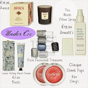 Mothers Day Under €20 - Clinique Cheek pops - Laura Ashley Hand Cream - Avoca Candle - This Works Pillow Spray - Essie Encrusted Treasures