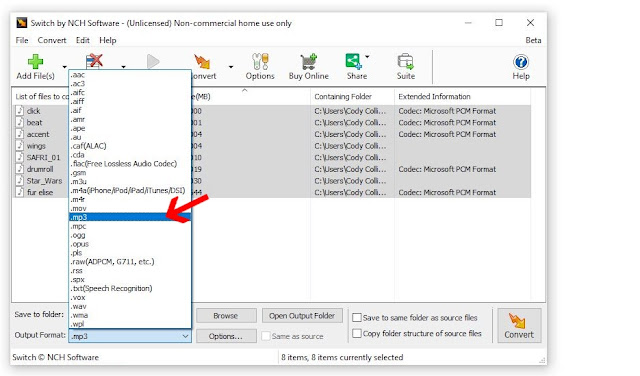 How to change output format of audio files to mp3