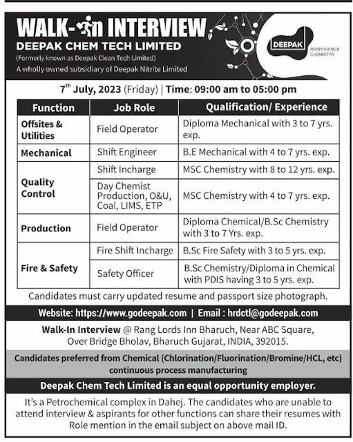 Deepak Chem Tech Walk-In Interview For Production/ Fire & Safety/ QC/ Mechanical/ Offsites & Utilities