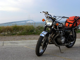 motorcycle at mackinaw bridge, michigan bike trip, ride