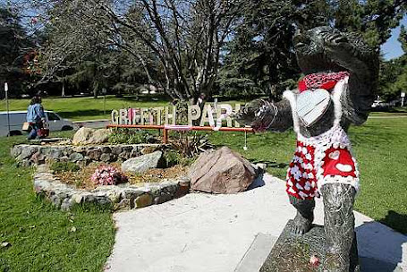 The Griffith Park Bear is adorned with Valentine\