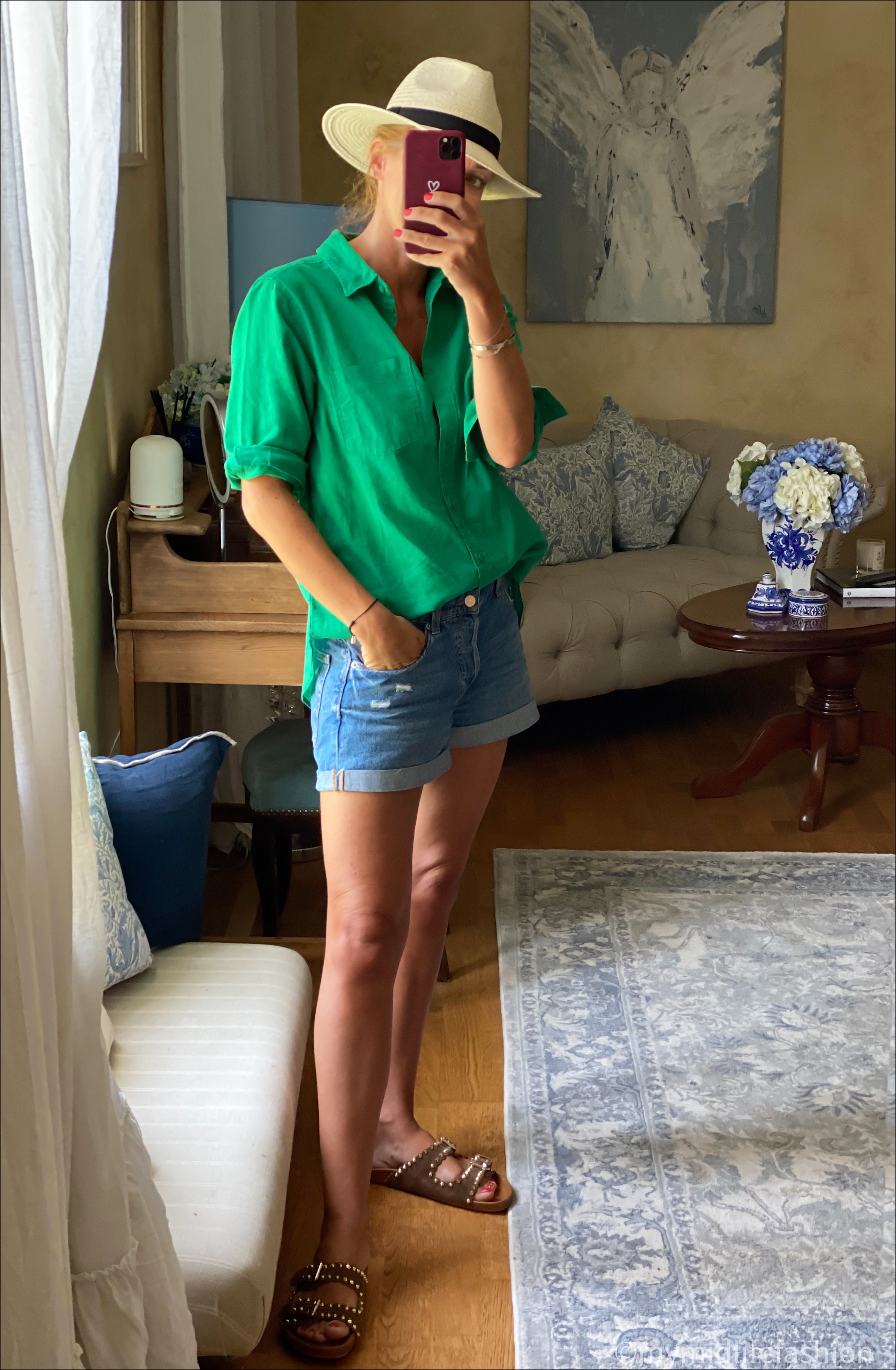 my midlife fashion, Zara Panama hat, h and m linen shirt, h and m denim boyfriend shorts, studded sliders