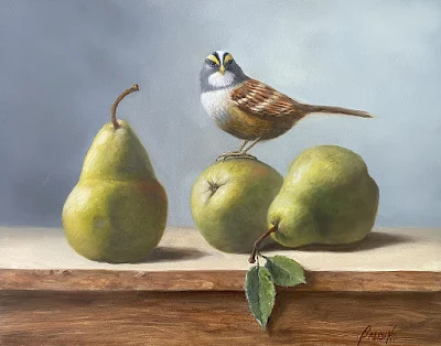 Sparrow Resting On Pears painting Patt Baldino