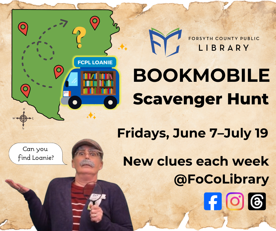 Illustration of the Forsyth County map and Bookmobile with a librarian dressed as an inspector