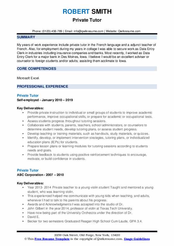 Private Tutor Resume Samples Qwikresume