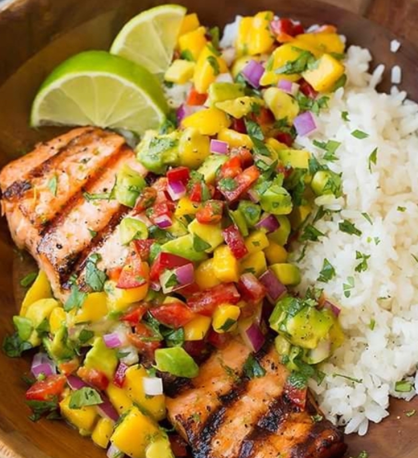 Grilled Salmon With Mango Salsa And Coconut Rice