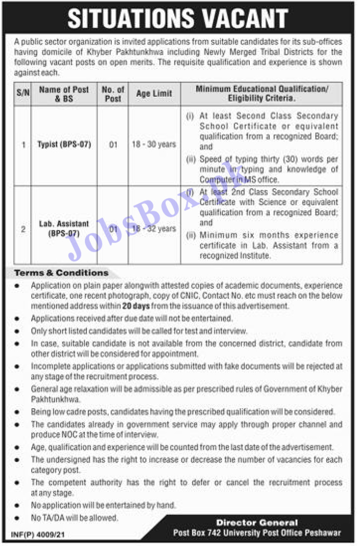 Public Sector Organization KPK Jobs 2021 – PO Box No 742 Peshawar Jobs