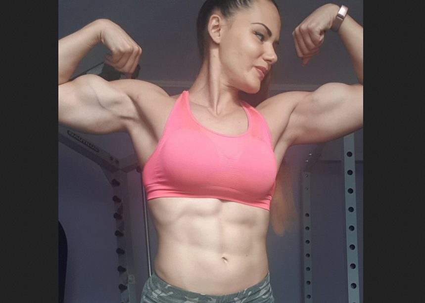 Erika Darago girl with muscle. bodybuilder flexing biceps, abs, calves and much more