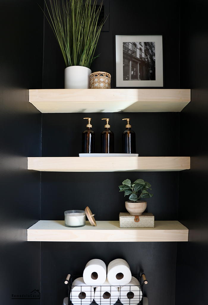 powder room in SW Tricorn black - wooden shelves