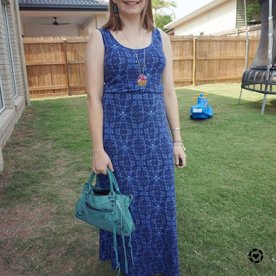 awayfromtheblue Instagram easy summer mum outfit blue geometric print maxi dress with turquoise Balenciaga first blue india bag