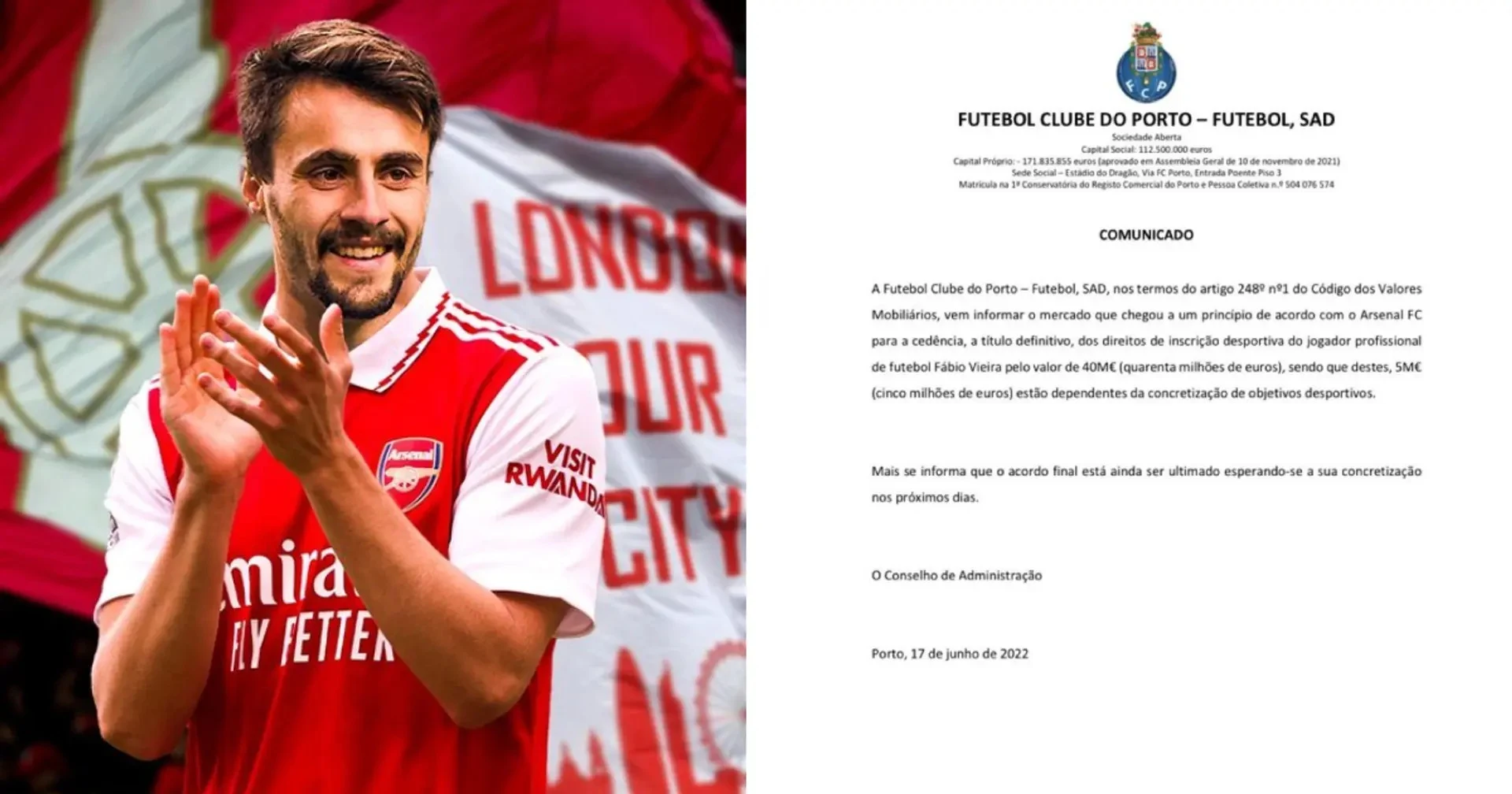 BREAKING: Porto confirm Fabio Vieira's transfer to Arsenal