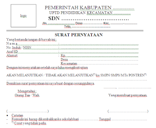 Contoh Surat Pernyataan Siswa Melanjutkan Sekolah ke SMP/MTs/PONTREN