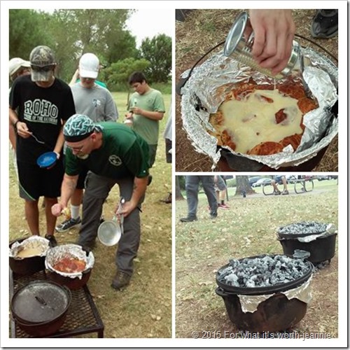 Dutch ovens shown using wood coals and prepared food