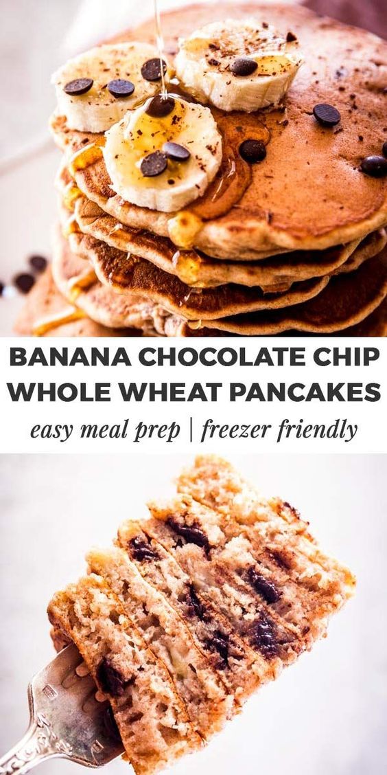 Chocolate Chip Banana Whole Wheat Pancakes are a delicious healthy breakfast option. They are quick and easy to make with wholesome ingredients so you can have Tham any time of the day. Full of delicious flavor and so fluffy - try them this weekend! | #recipe #breakfast #brunch #pancakes #healthy #healthyfood #chocolate #cleaneating