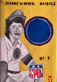Data visualization card painting of Joanne Weaver inspired by her AAGPBL baseball card.