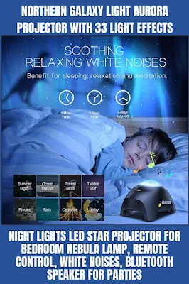 The "Northern Galaxy Light Aurora Projector" is a special light for your bedroom. It can make 33 different kinds of light patterns, like the northern lights in the sky. It's also a night light for your room. You can control it with a remote control. It also makes soothing sounds to help you sleep better. And if you want to listen to music, it has a Bluetooth speaker. It's great for parties or just relaxing in your room