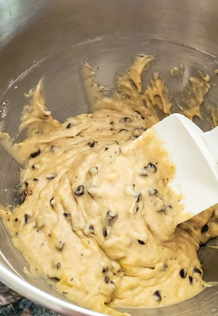 creamy smooth banana bread batter with chocolate chips