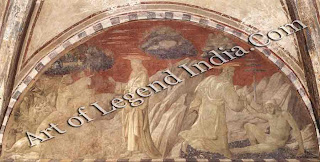 The Creation, One of Uccello's earliest known works, this lunette, showing The Creation of the Animals and The Creation of Adam was commissioned for the cloister of Santa Maria Novella. It is painted largely in terra verde (green earth). 