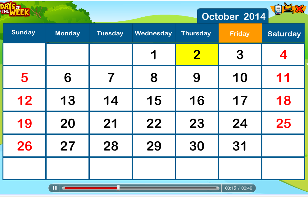 http://www.turtlediary.com/kindergarten-games/math-games/days-of-the-week.html