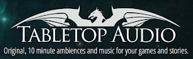 The Tabletop Audio Logo: The head, neck, and wings of a dragon spreading above the text 'Tabletop Audio: Original, 10 minute ambiences and music for your games and stories,' on a background of stars seen through a pale blue-green nebula.
