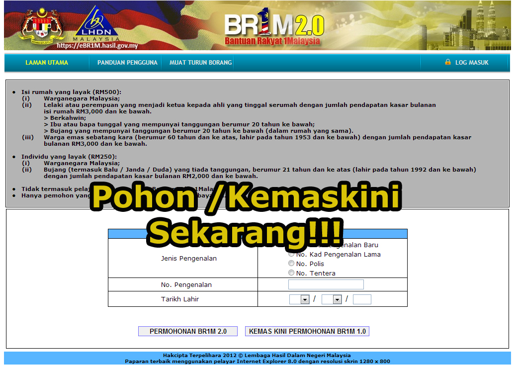 Permohonan/Update Online BR1M 2.0 / Skim Individu Bujang 