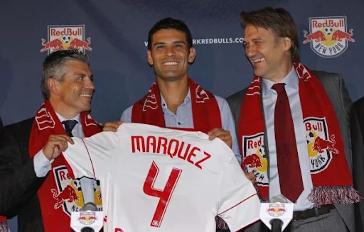 Rafael Márquez holds the New York Red Bulls jersey during his official presentation