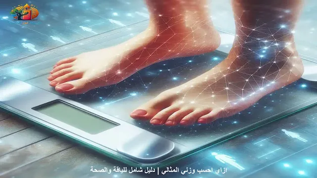 ميزان رقمي مع أقدام شخص عليه، يعكس مفهوم حساب الوزن المثالي.