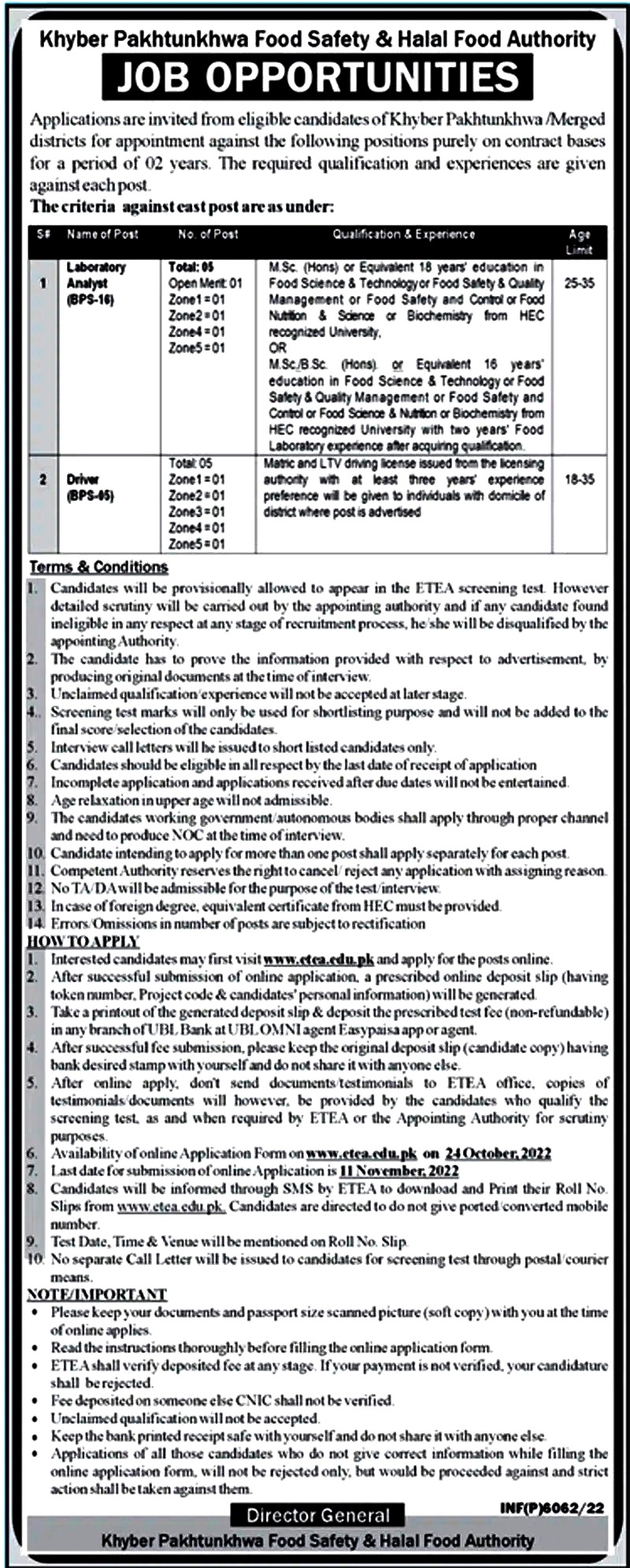 KPK Food Safety and Halal Food Authority Jobs 2022.